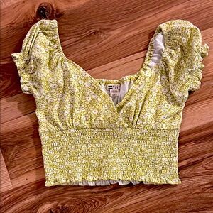 Billabong Yellow Flutter Sleeve Smocked Crop Blouse